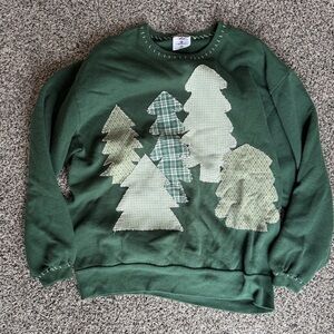 Jerzees Forest Green Tree Pattern Crew Neck Sweater